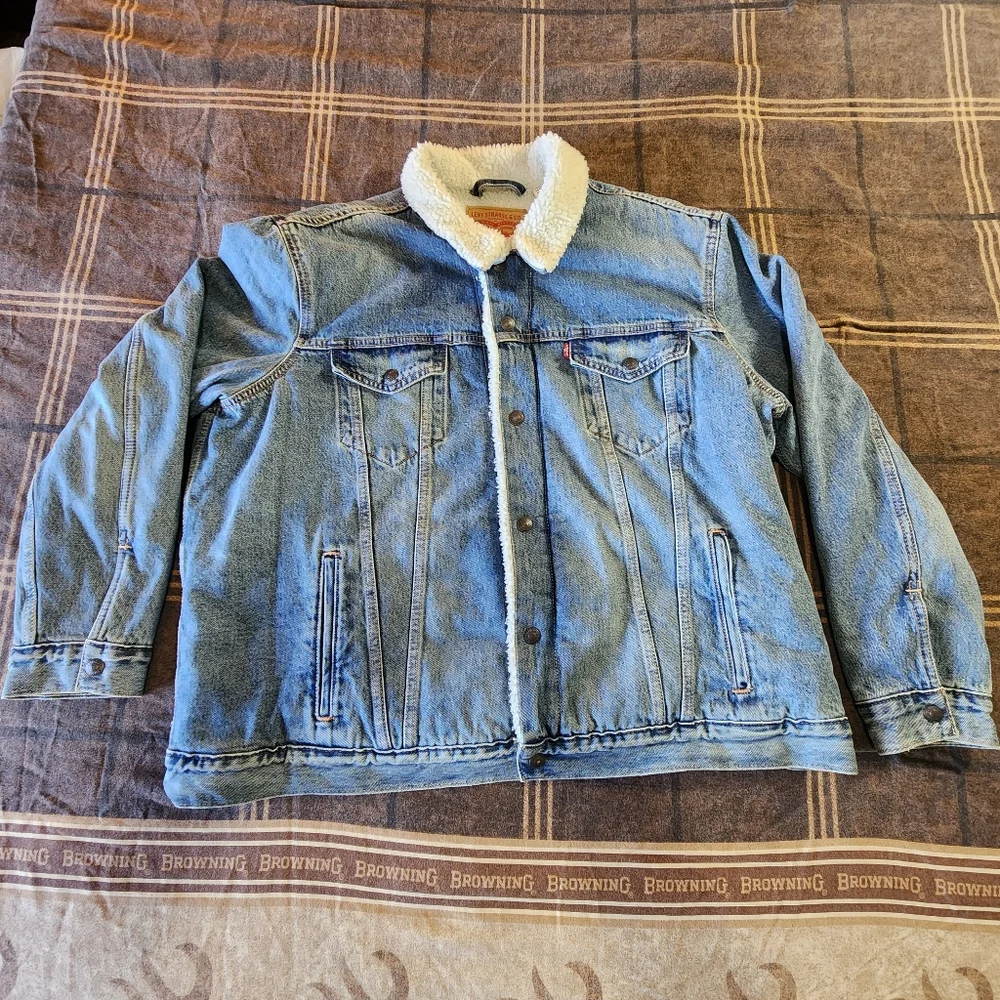 Levis Denim Jacket Adult XXL 2XL Blue Sherpa‎ Lined Trucker Red Tab Fleece Men